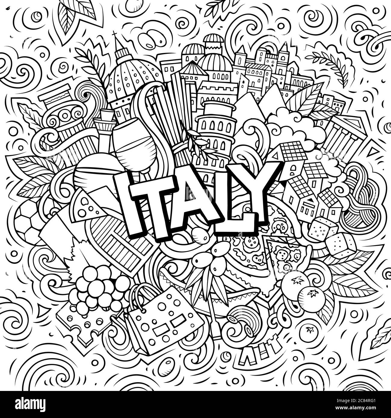 Italien handgezeichnete Cartoon-Kritzeleien Illustration. Witziges Reisedesign. Stock Vektor