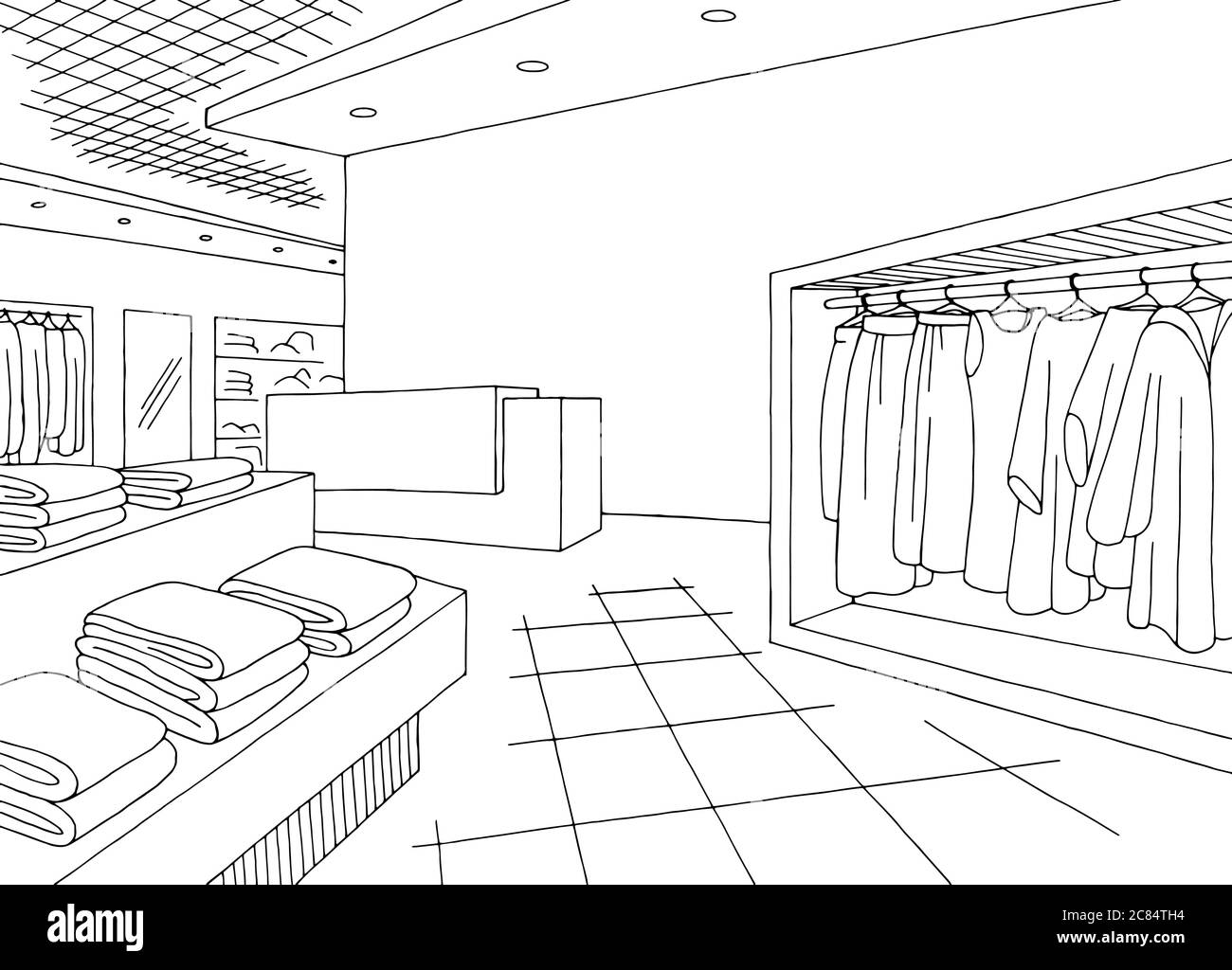 Shop Store Innengrafik schwarz weiß Skizze Illustration Vektor Stock Vektor