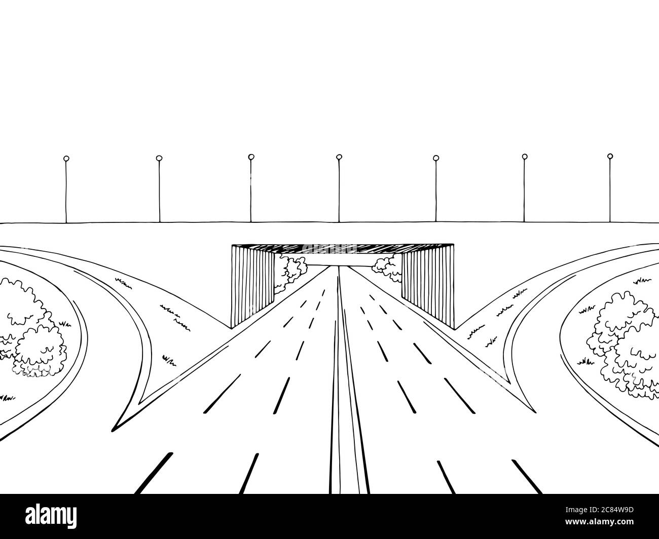 Autobahn überqueren Brücke Straße Grafik schwarz weiß Landschaft Skizze Illustration Vektor Stock Vektor