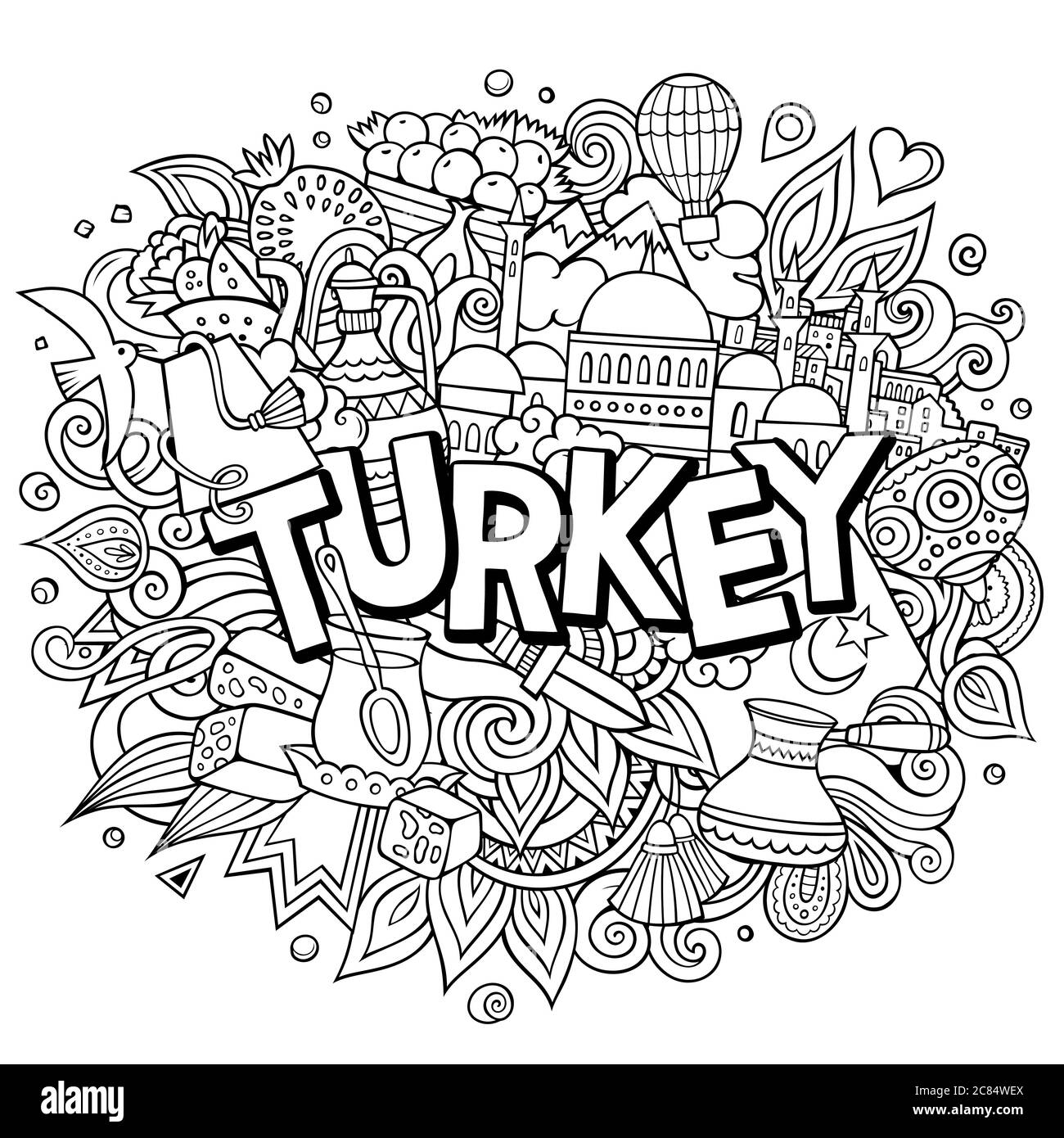 Türkei handgezeichnete Cartoon Kritzeleien Illustration. Witziges Reisedesign. Stock Vektor