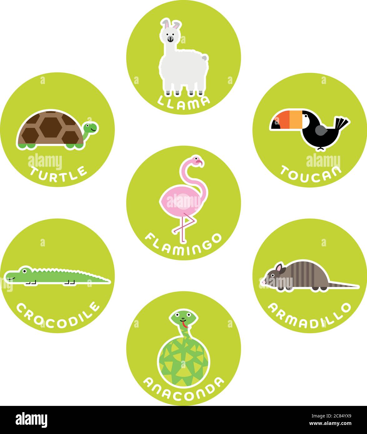 Südamerikanische Wildtiersammlung. Set von 7 Comic-Figuren im Kreis mit Namensschildern. Vektorgrafik. Stock Vektor