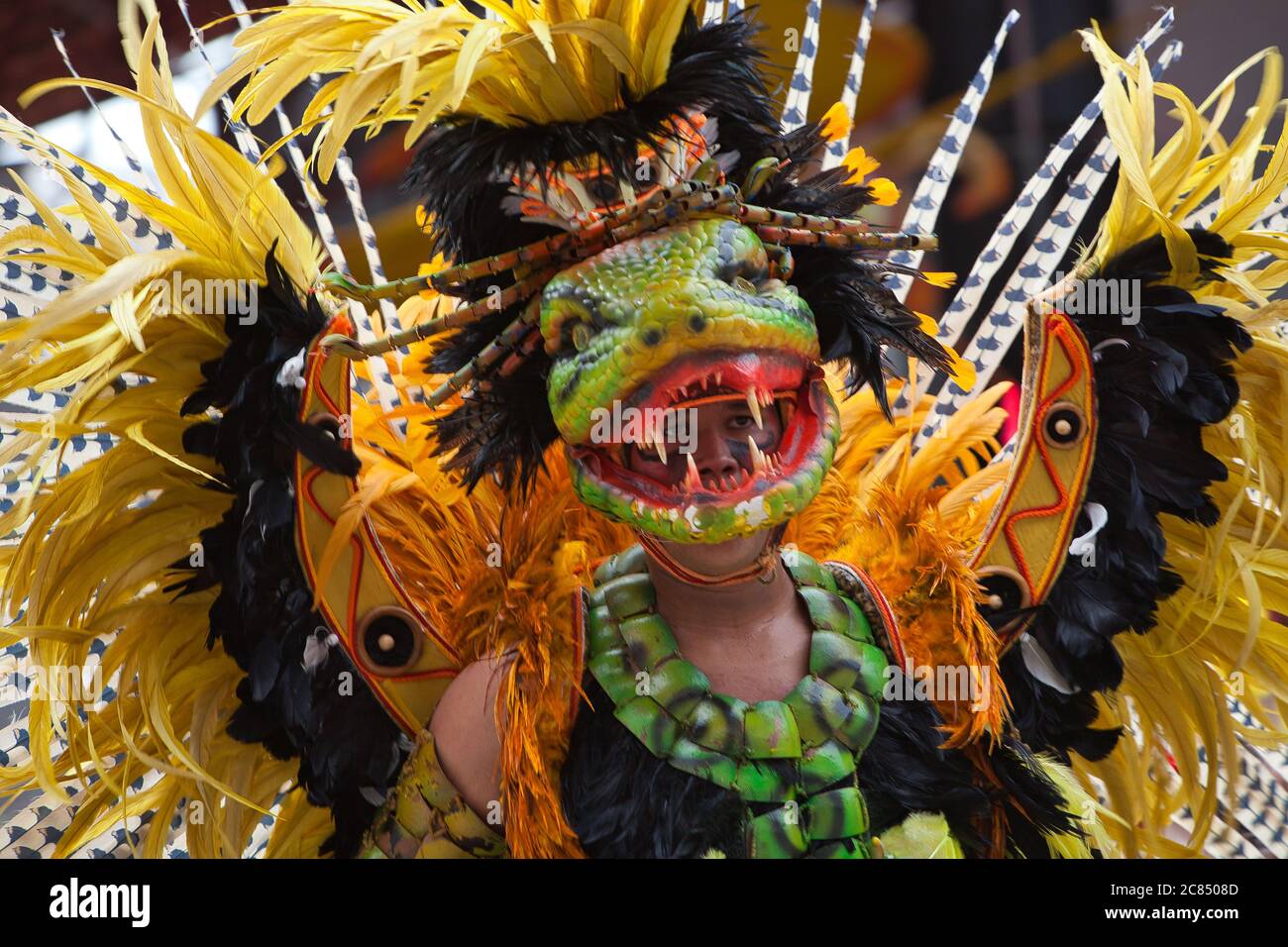 Mann in sehr exotischem Kleid mit dem Kopf einer fantasievollen Schlange bei einer Aufführung des Boi Bumba Festivals in Parintins, Bundesstaat Amazonas, Brasilien Stockfoto