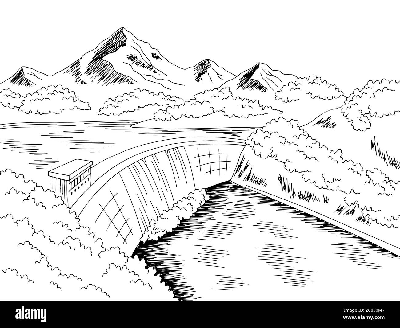 Damm Wasserkraft Fluss Grafik schwarz weiß Landschaft Skizze Illustration Vektor Stock Vektor