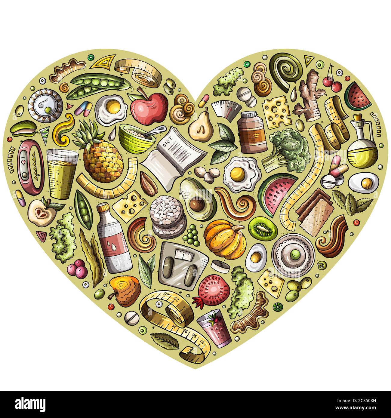 Set von Vektor-Cartoon Doodle Diät Lebensmittel-Objekte in einem Herzen gesammelt Stock Vektor