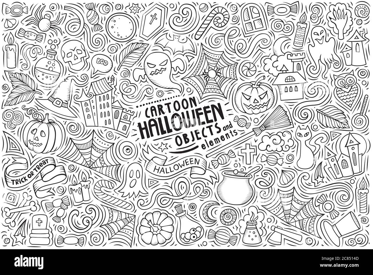 Doodle Cartoon Set von Halloween-Themen-Objekte und Symbole Stock Vektor