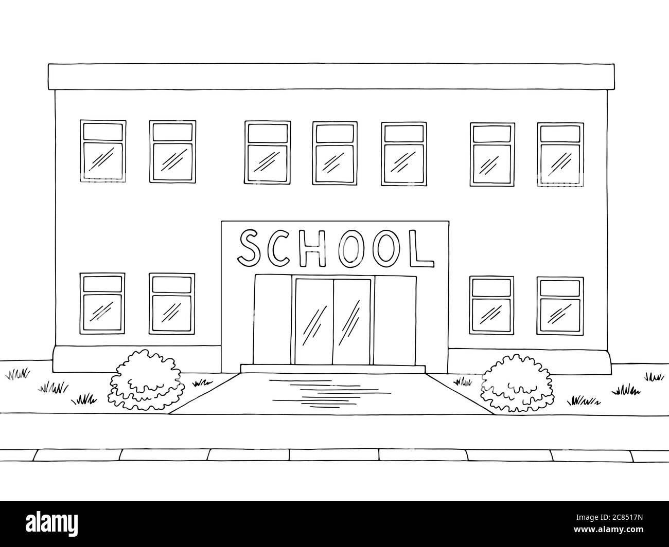 Schule Gebaude Vorderansicht Aussen Grafik Schwarz Weiss Skizze Illustration Vektor Stock Vektorgrafik Alamy