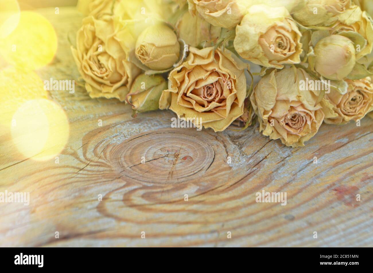 Bouquet von getrockneten Rosen. Trockene Rosenblüte auf einem Holztisch. Stockfoto