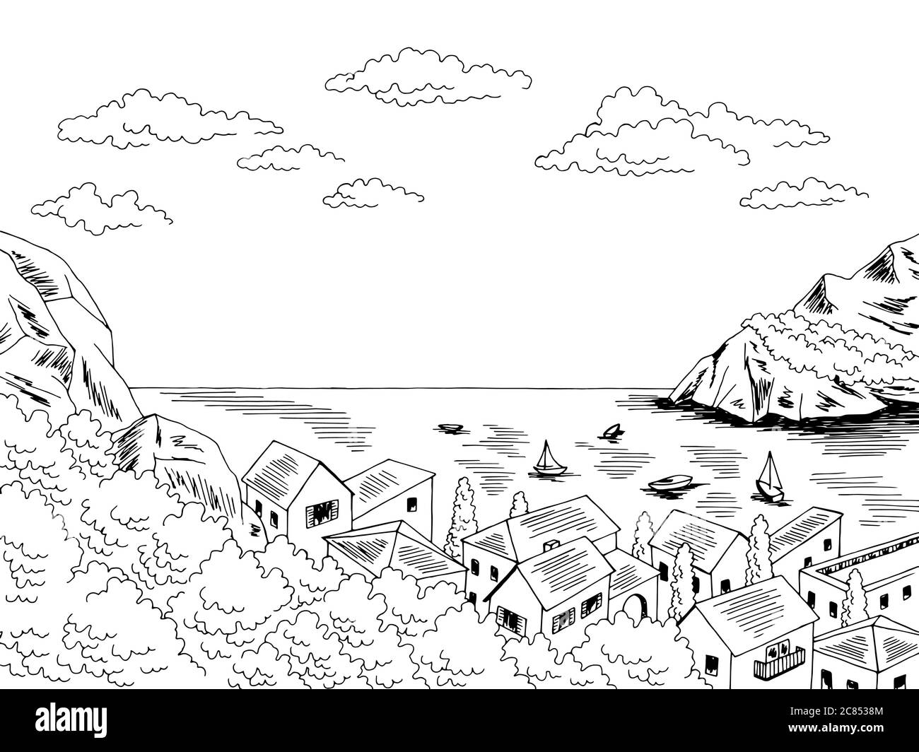 Stadt Meer Grafik schwarz weiß Bucht Landschaft Skizze Illustration Vektor Stock Vektor