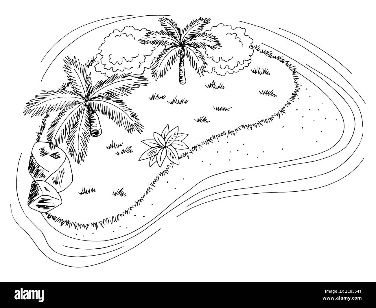 Insel oben Luftbild Grafik schwarz weiß Landschaft Skizze Illustration Vektor Stock Vektor