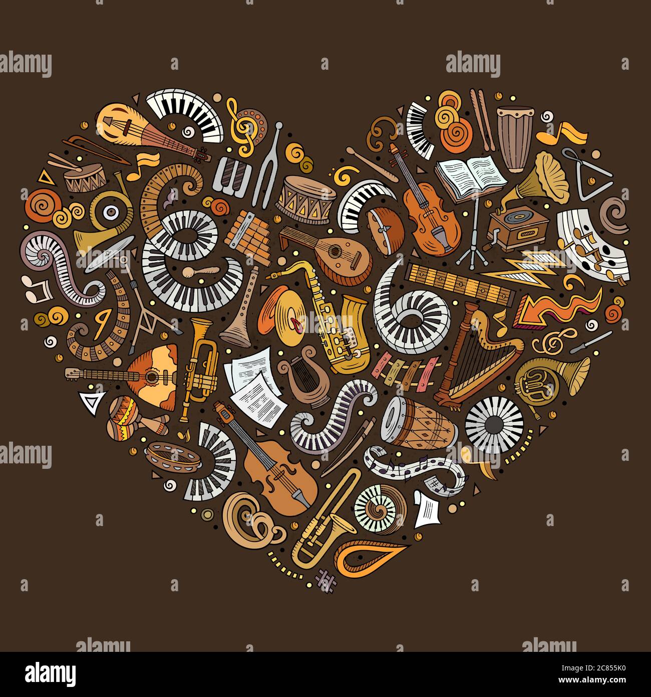 Set von Vektor-Cartoon Doodle klassische Musikinstrumente und Objekte in einem Herzen gesammelt Stock Vektor
