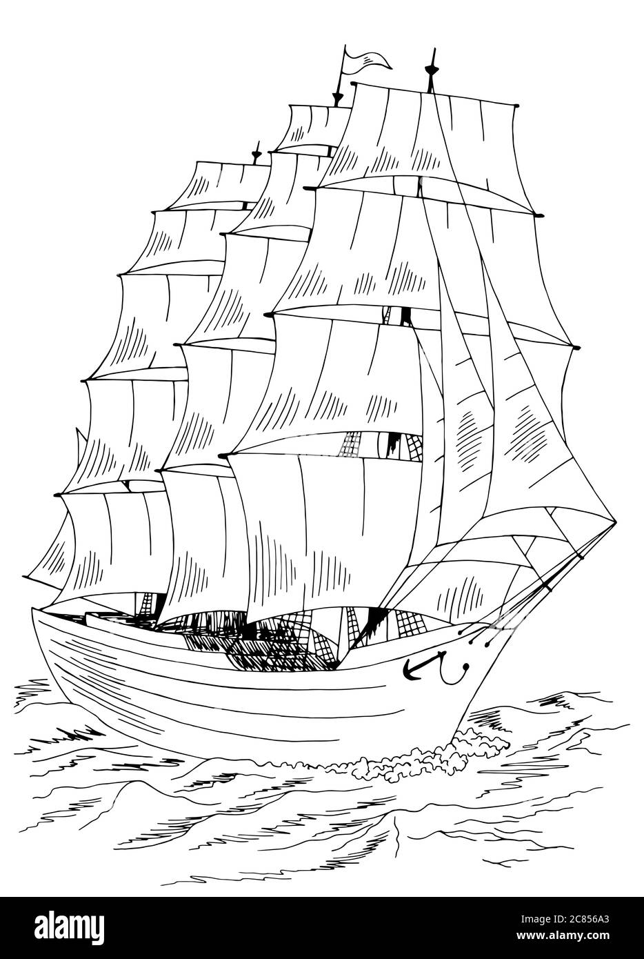 Segelschiff Grafik schwarz weiß Meer Skizze Illustration Vektor Stock Vektor