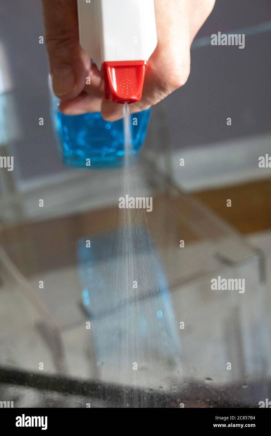 Man Spraying Glass Cleaner tut eine Hausarbeit, USA, USA Stockfoto