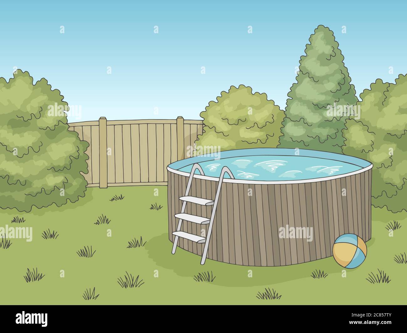 Garten Schwimmbad Grafik Farbe Landschaft Skizze Illustration Vektor Stock Vektor