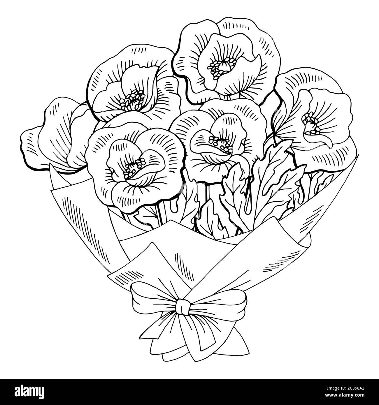 Poppy Blume Grafik schwarz weiß isoliert Bouquet Skizze Illustration Vektor Stock Vektor