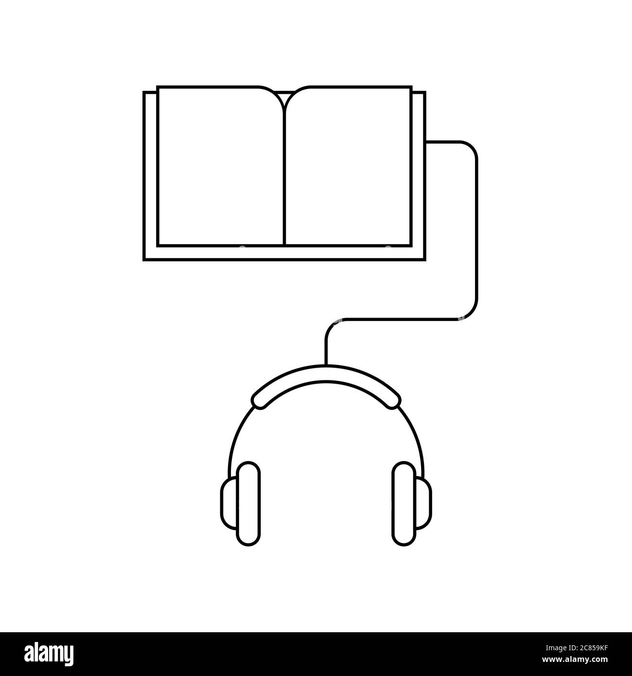 Hören von elektronischen Büchern. Hörbuch-Konzept. Kopfhörer mit einem Buch verbunden. Liniensymbol. Online-Bibliothek. Fernunterricht. Schwarzer Umriss. Vektor Stock Vektor