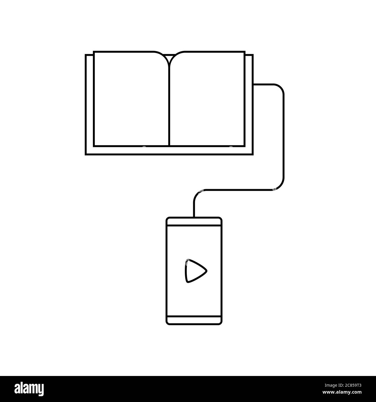 Hörbuch-Konzept. Telefon mit einem Buch verbunden. Hören von elektronischen Büchern. Handy-App für Bücher. Liniensymbol. Online-Bibliothek. Schwarzer Umriss Stock Vektor