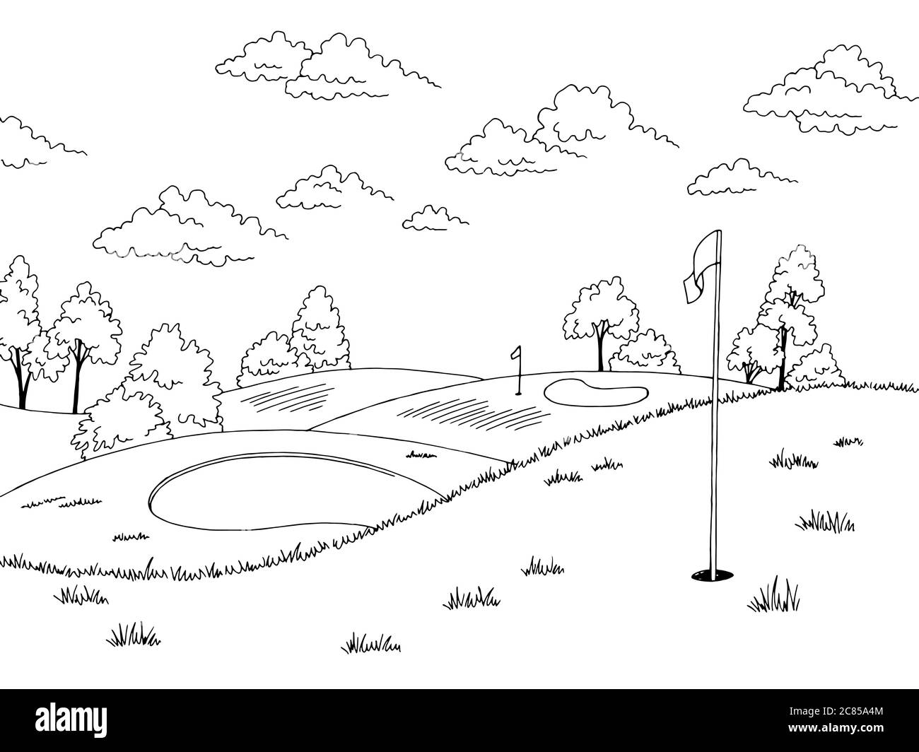 Golfplatz Grafik Kunst schwarz weiß Landschaft Skizze Illustration Vektor Stock Vektor