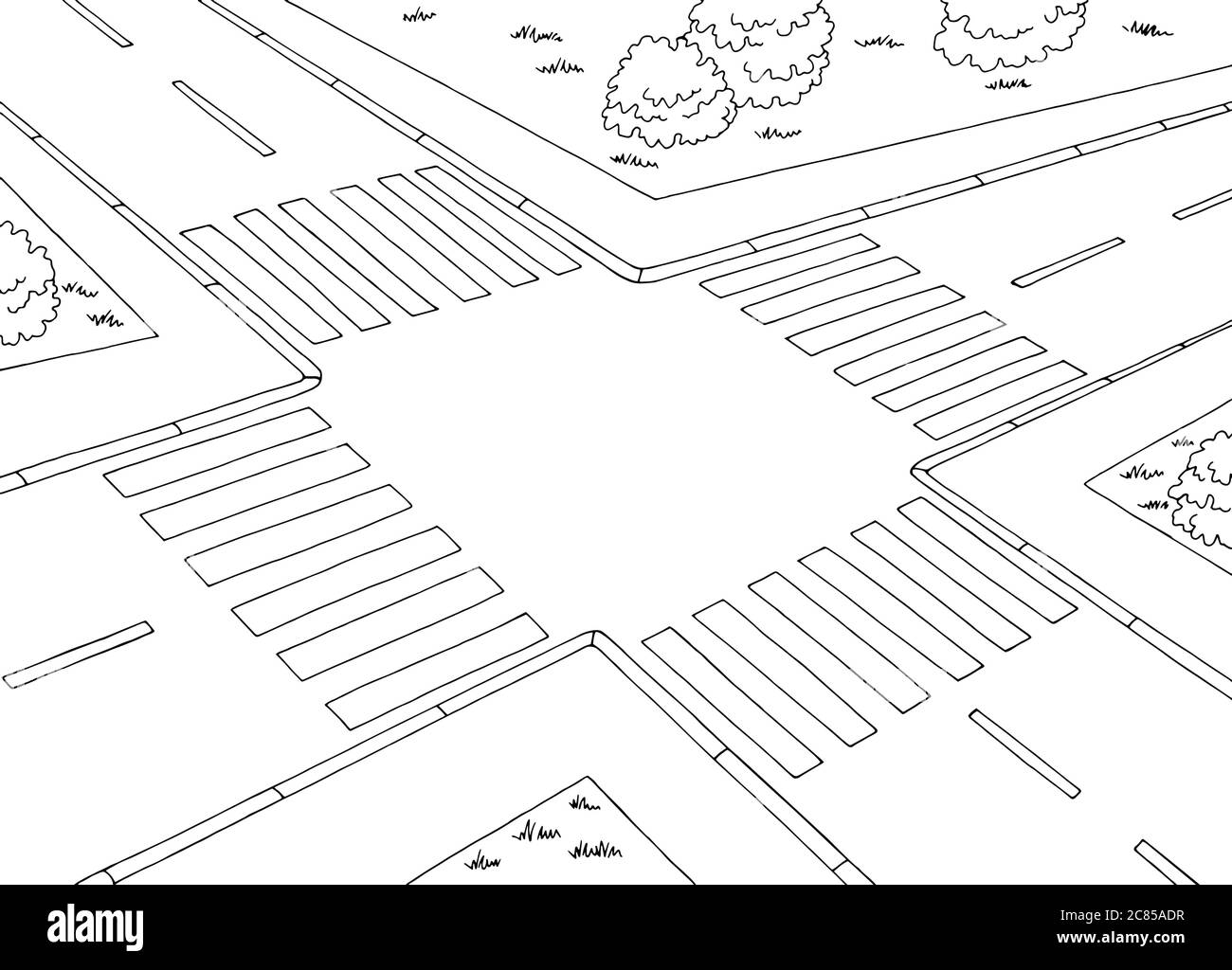 Crossroad Street Grafik schwarz weiß Skizze Luftbild Landschaft Illustration Vektor Stock Vektor