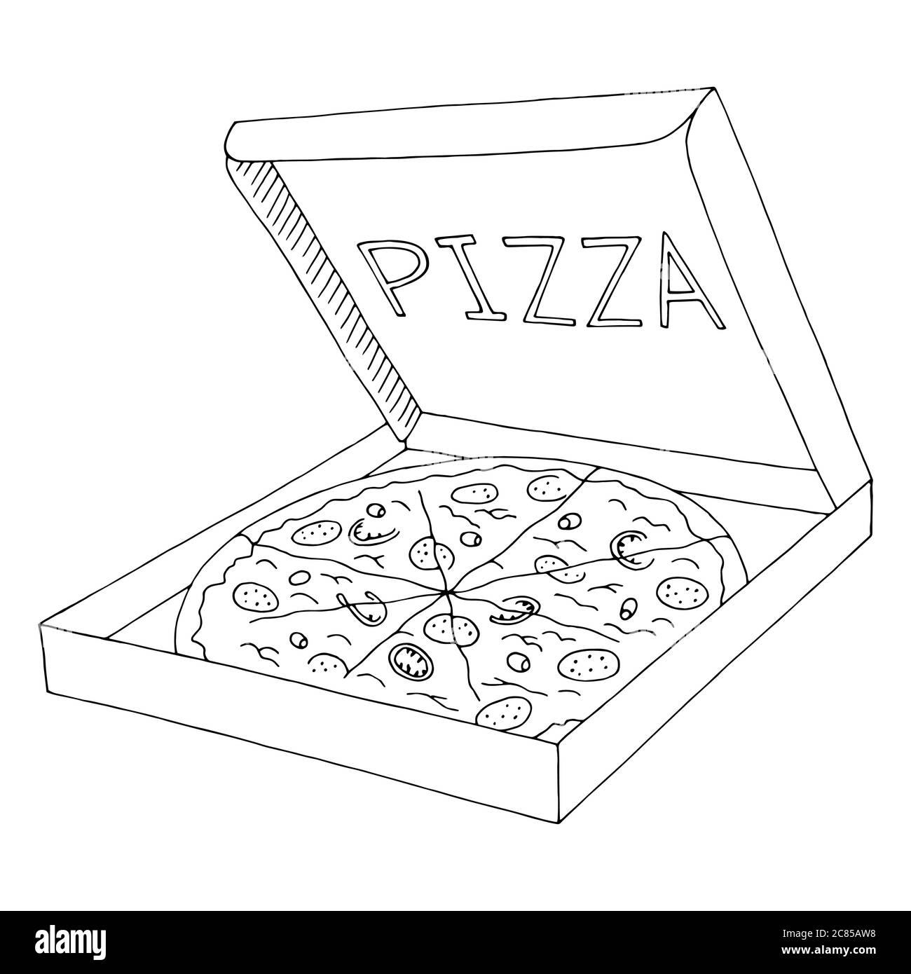 Pizza in Box Grafik Fast Food schwarz weiß Skizze isoliert Illustration Vektor Stock Vektor