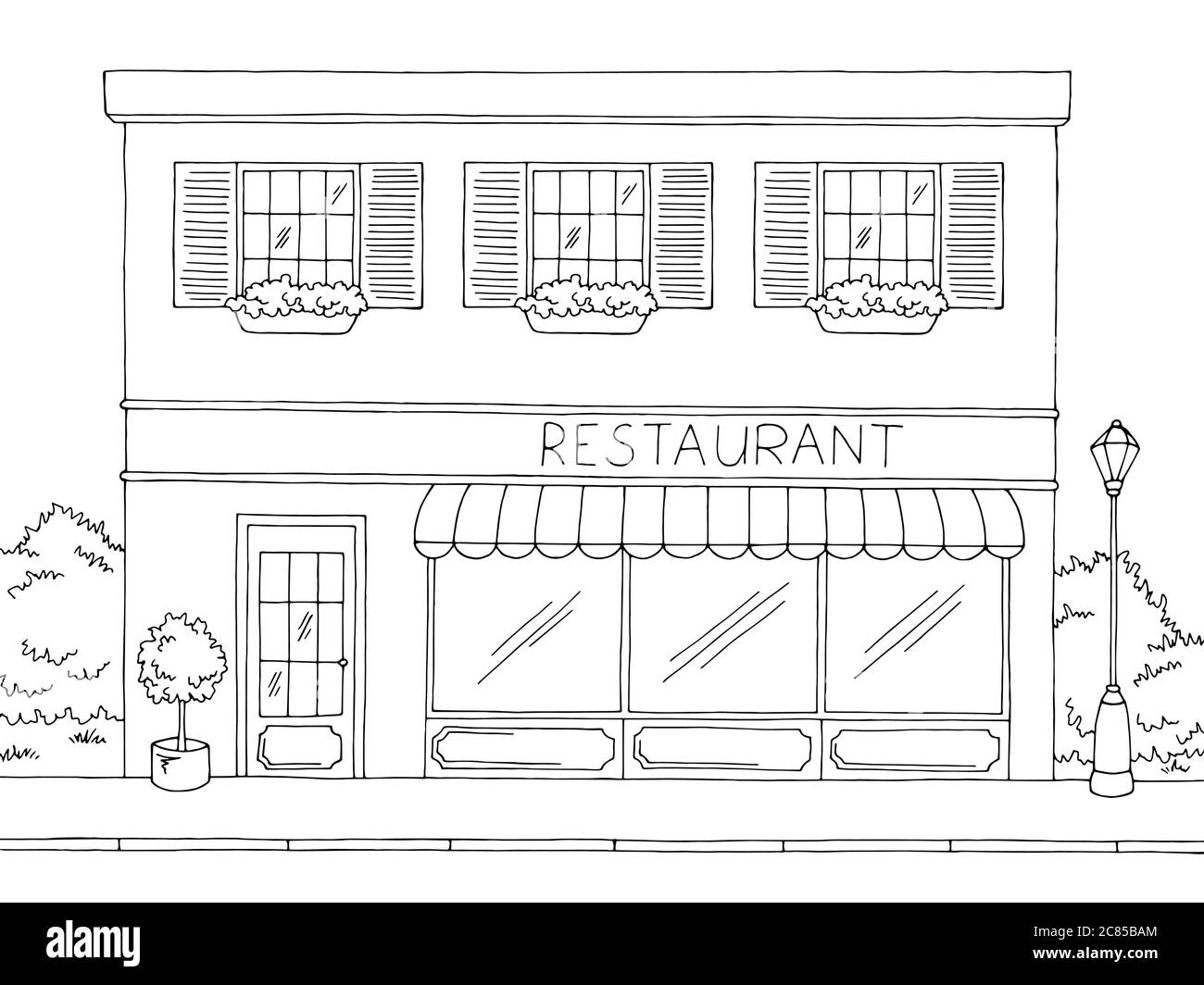 Restaurant außen Grafik schwarz weiß Skizze Illustration Vektor Stock