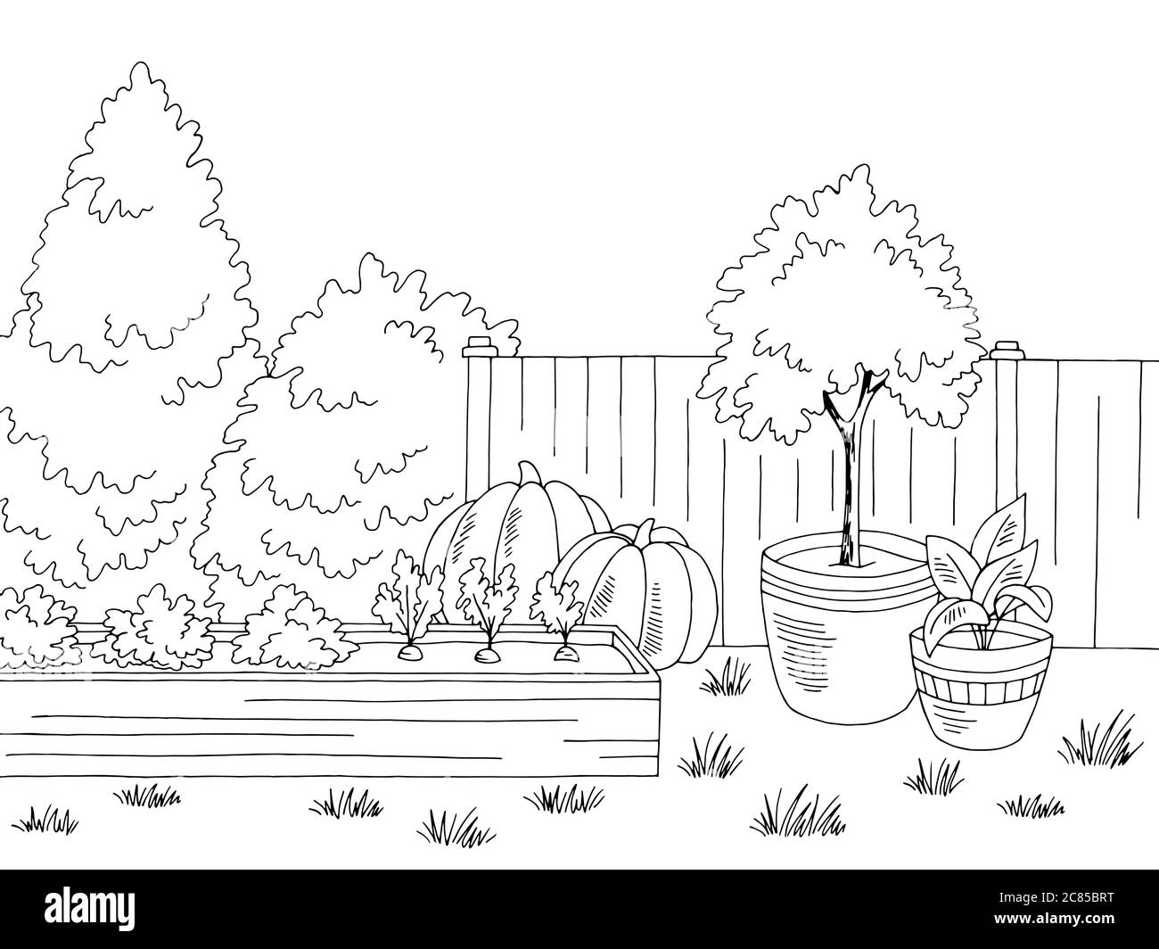 Markt Garten Grafik schwarz weiß Landschaft Skizze Illustration Vektor