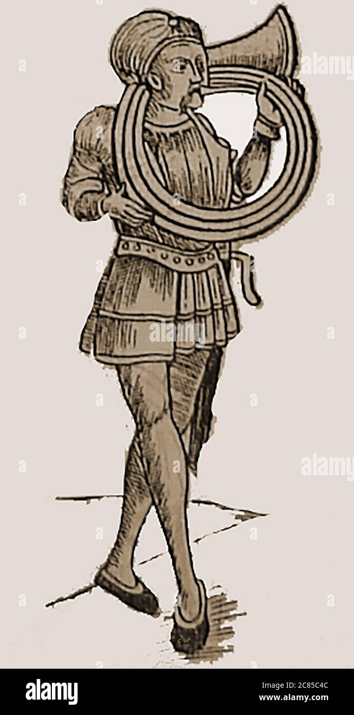 Eine Abbildung von 1502, die einen Mann zeigt, der ein spiralförmiges Horn spielt Stockfoto