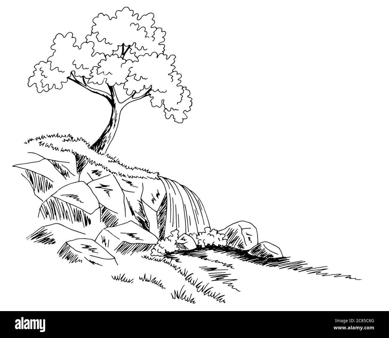 Wasserfall Fluss Baum Grafik schwarz weiß Landschaft Skizze Illustration Vektor Stock Vektor