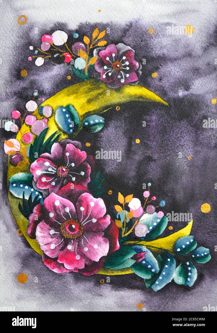 Halbmond mit Blütenzusammensetzung. Trendige Bohemian Stil Aquarell-Illustration mit rosa Anemonen, und Blätter auf dunkelblauem Hintergrund Stockfoto