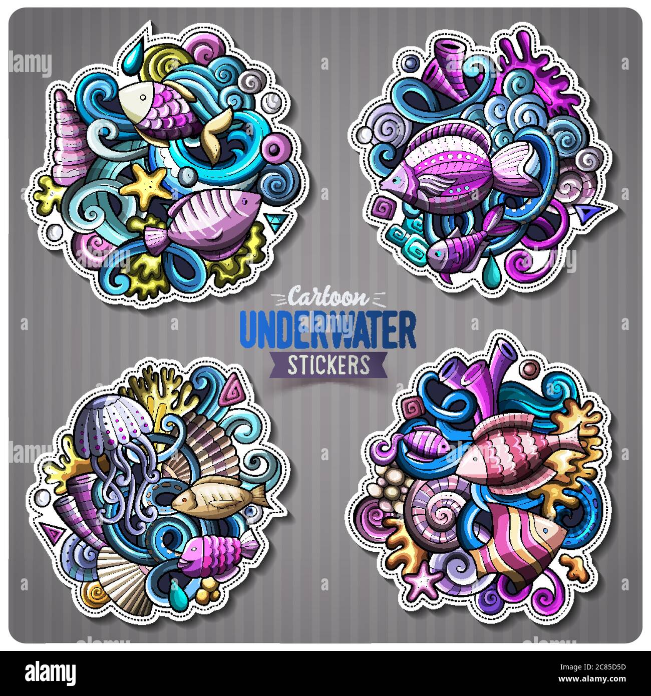 Set von Unterwasser-Leben Cartoon-Aufkleber Stock Vektor