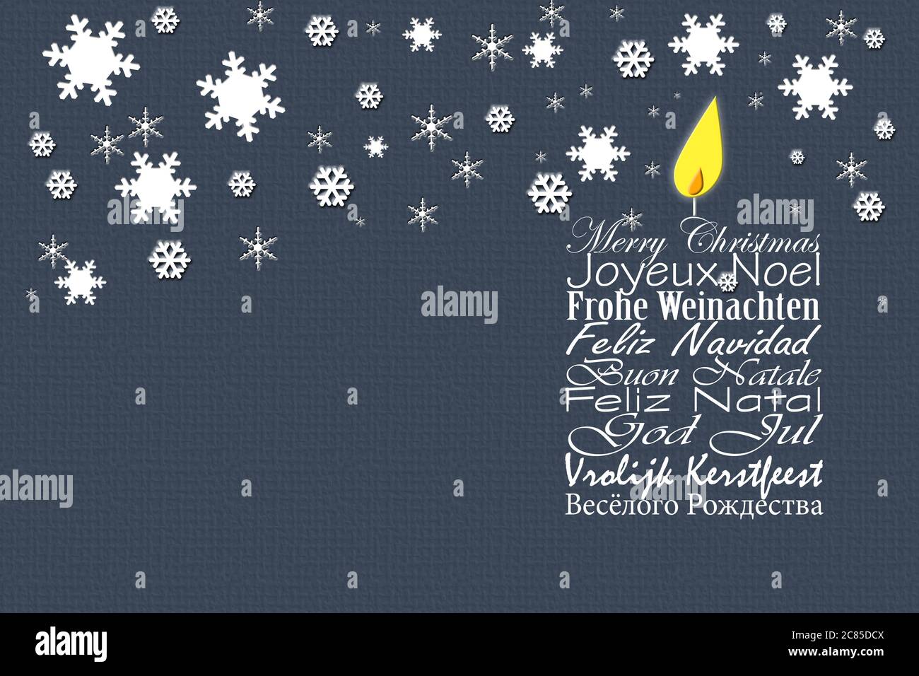 Frohe Weihnachten Visitenkarte. Weihnachtswünsche in europäischen Sprachen Englisch, Französisch, Deutsch, Portugiesisch, Italienisch, Spanisch, Schwedisch, Niederländisch, Russisch auf blauem Hintergrund mit Schneeflocken. 3D-Illustration Stockfoto