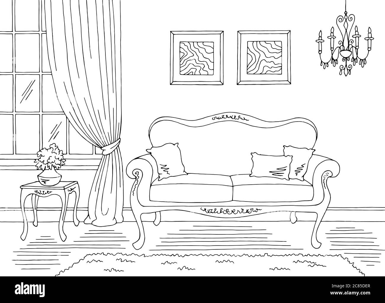 Wohnzimmer Grafik schwarz weiß klassisch Heim Interieur Skizze Illustration Vektor Stock Vektor