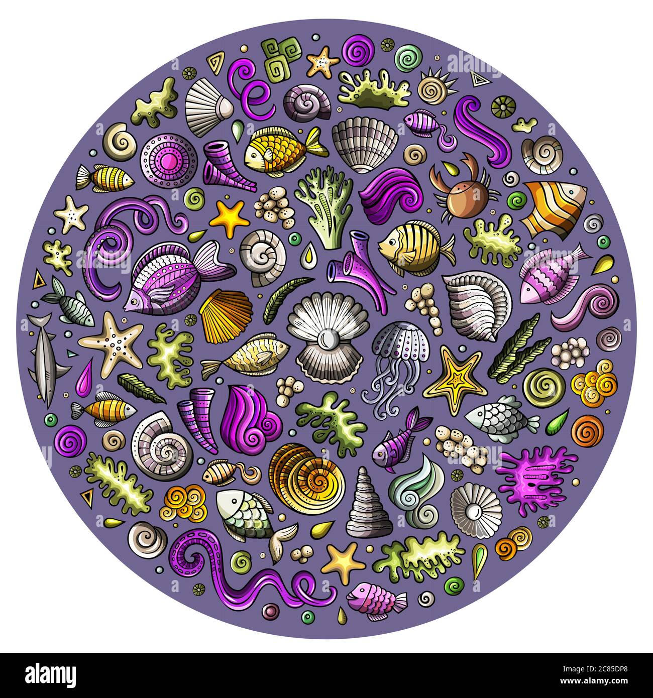 Set von Sealife Cartoon Doodle Objekte, Symbole und Elemente Stock Vektor