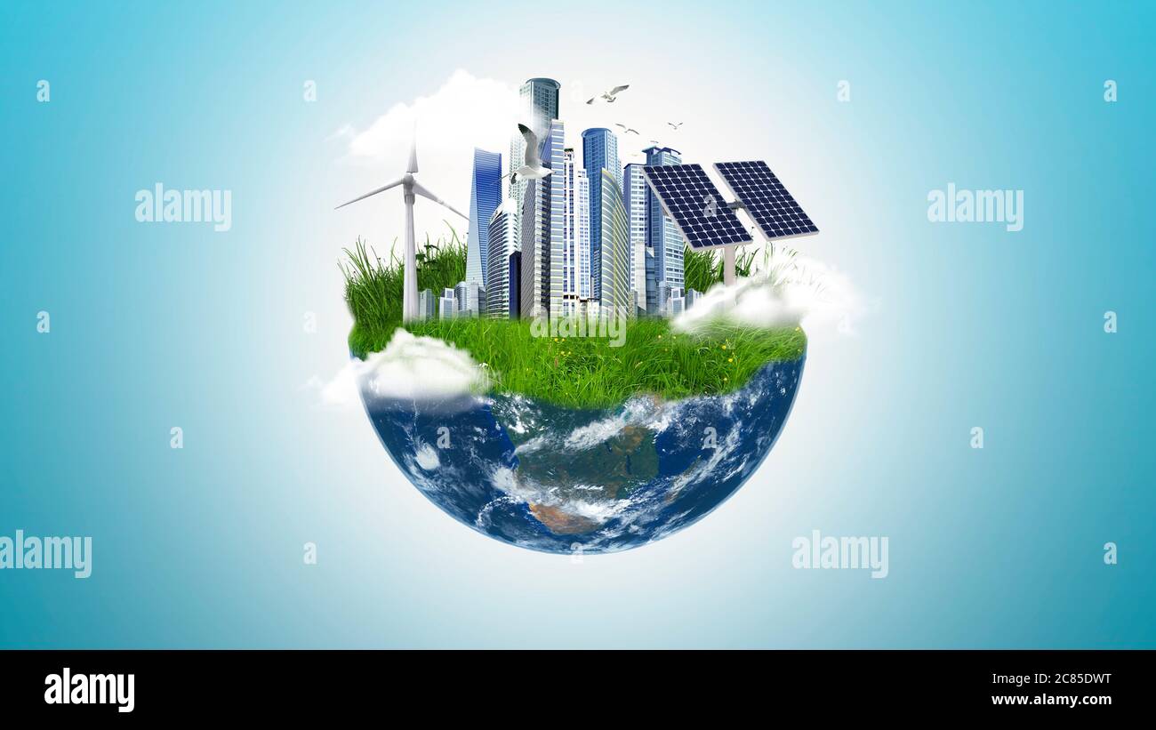 Zukunftskonzept Erde, saubere Erde mit Grünflächen, Windmühle, Solarzellen und Industriegebäuden, nachhaltige Entwicklung Stockfoto
