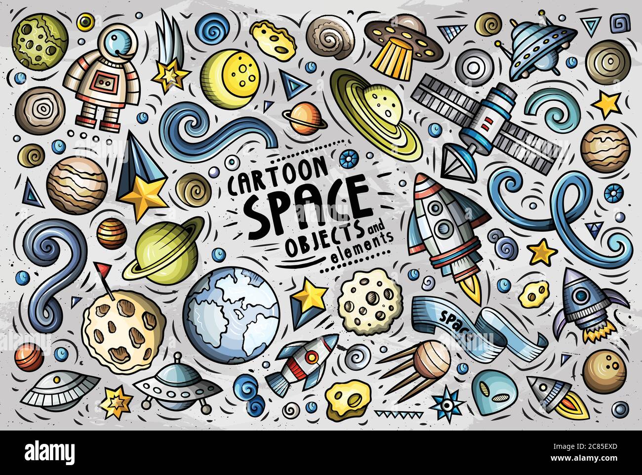 Doodle Cartoon Satz von RAUM Thema Objekte und Symbole Stock Vektor