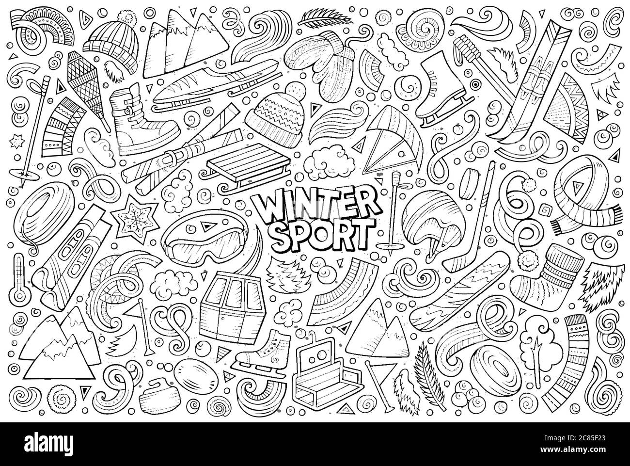 Linie Kunst Vektor Hand gezeichnete Doodle Cartoon Satz von Wintersport-Objekte und Symbole Stock Vektor