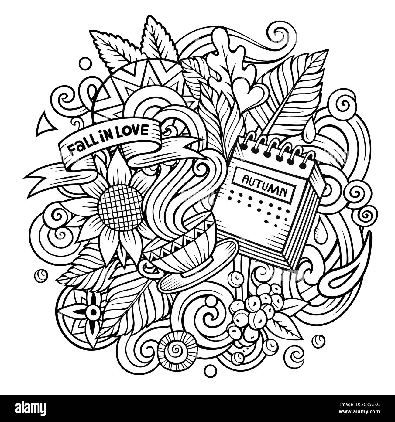 Cartoon Kritzeleien Herbst Illustration. Alle Elemente sind getrennt. Stock Vektor