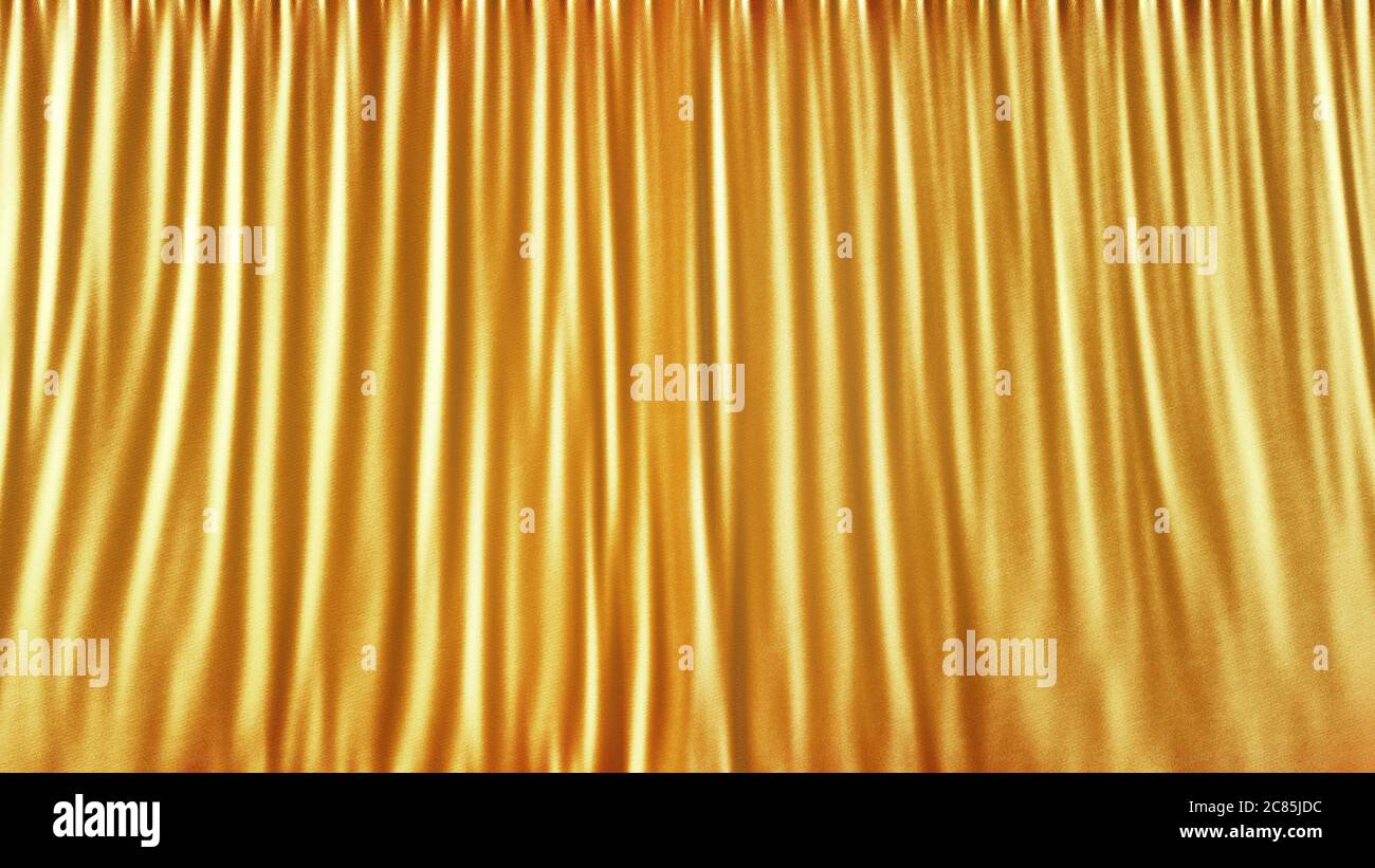 Elegante Gold Bühne Stoff Vorhang abstrakten Hintergrund. Hintergrund aus goldenem Satin oder Seide. Vorhang aus hellgoldenem Stoff. 3d-Rendering. Stockfoto