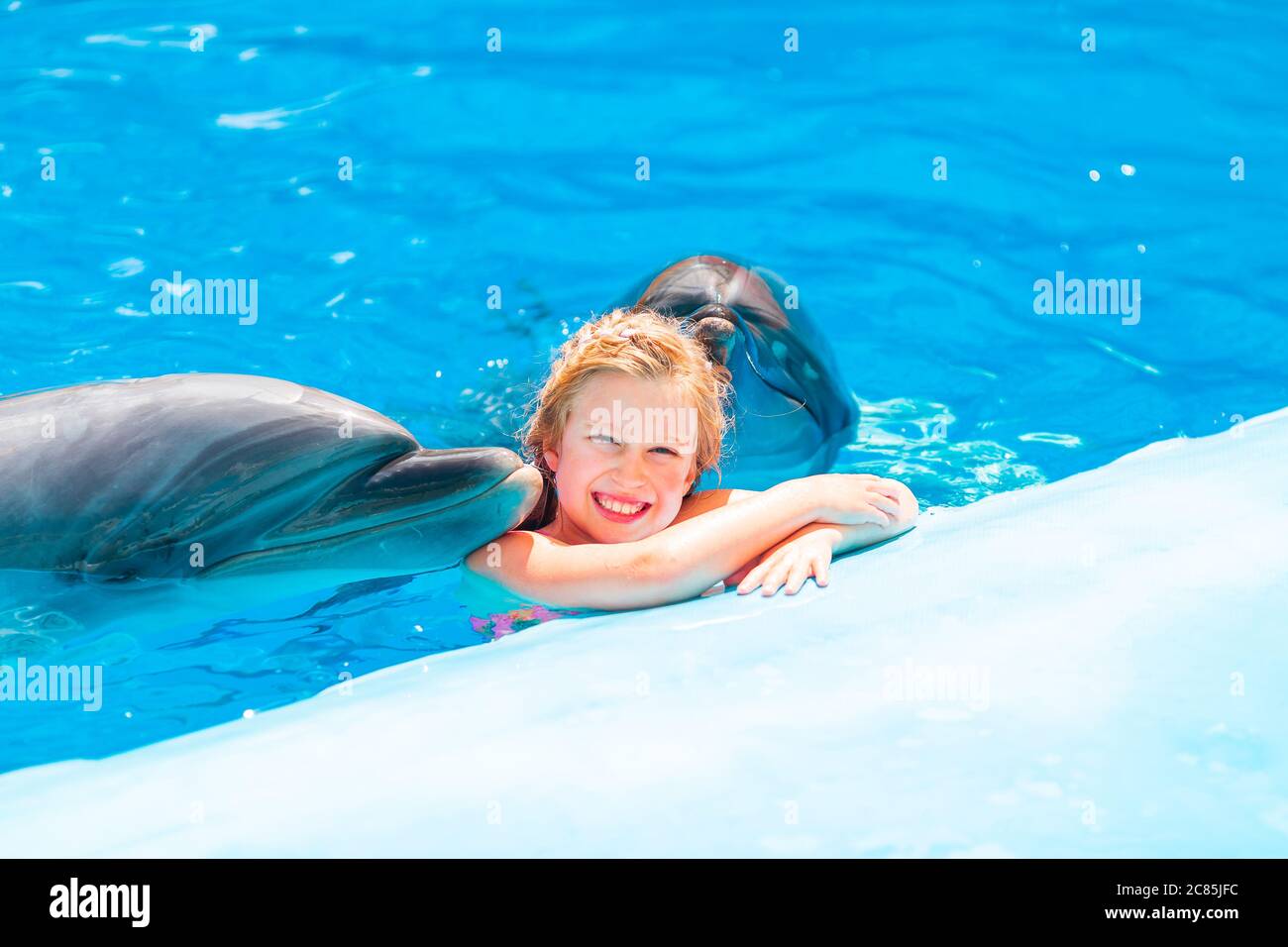 Glückliches kleines Mädchen, das mit Delfinen im Delfinarium schwimmend  ist. Schwimmen, Baden und Kommunikation mit Delfinen Stockfotografie - Alamy