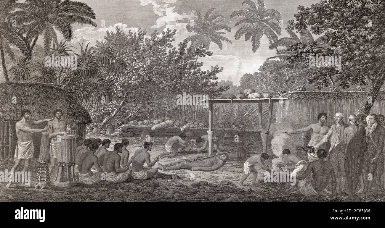 Captain Cook beobachtet ein Menschenopfer in Otaheite (Tahiti), September 1777. Nach einem Stich von William Woolett aus einem Werk von John Webber, veröffentlicht 1784. Stockfoto