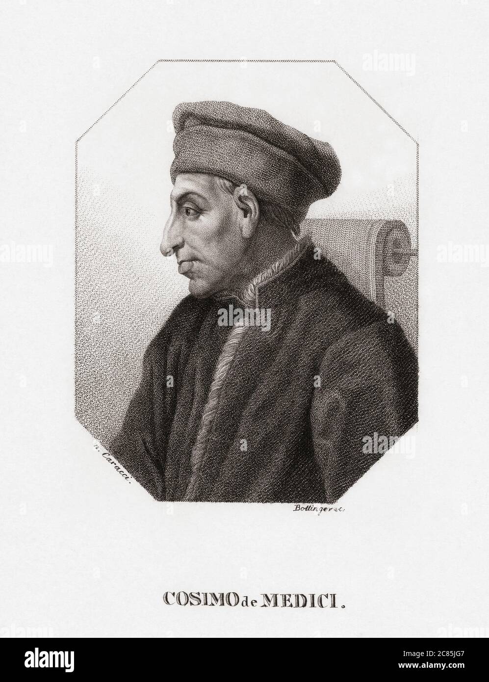 Cosimo di Giovanni de' Medici, 1389 - 1464. Florenitine Bankier, Geschäftsmann, Politiker und Kunstmäzenin. Nach einem Druck von Friedrich Wilhelm Bollinger aus einem Werk von Annibale Carracci. Stockfoto
