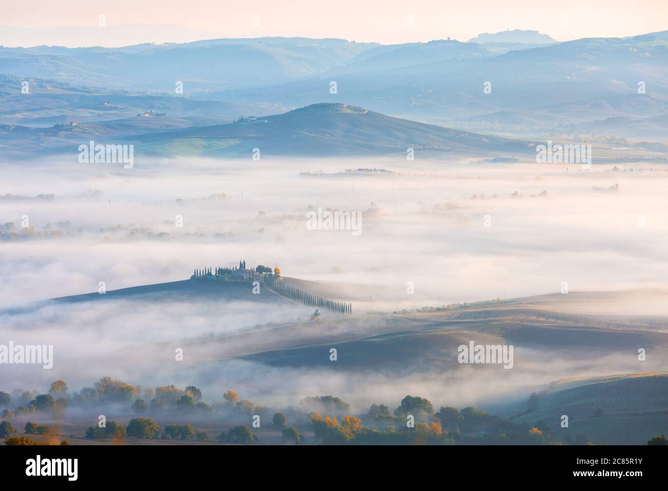 Typische Ansicht der Toskana Tal mit Herbstnebel bedeckt bei Sonnenaufgang in der Nähe von Castiglione d'Orcia , im Val d'Orcia, Provinz Siena, Toskana, I Stockfoto