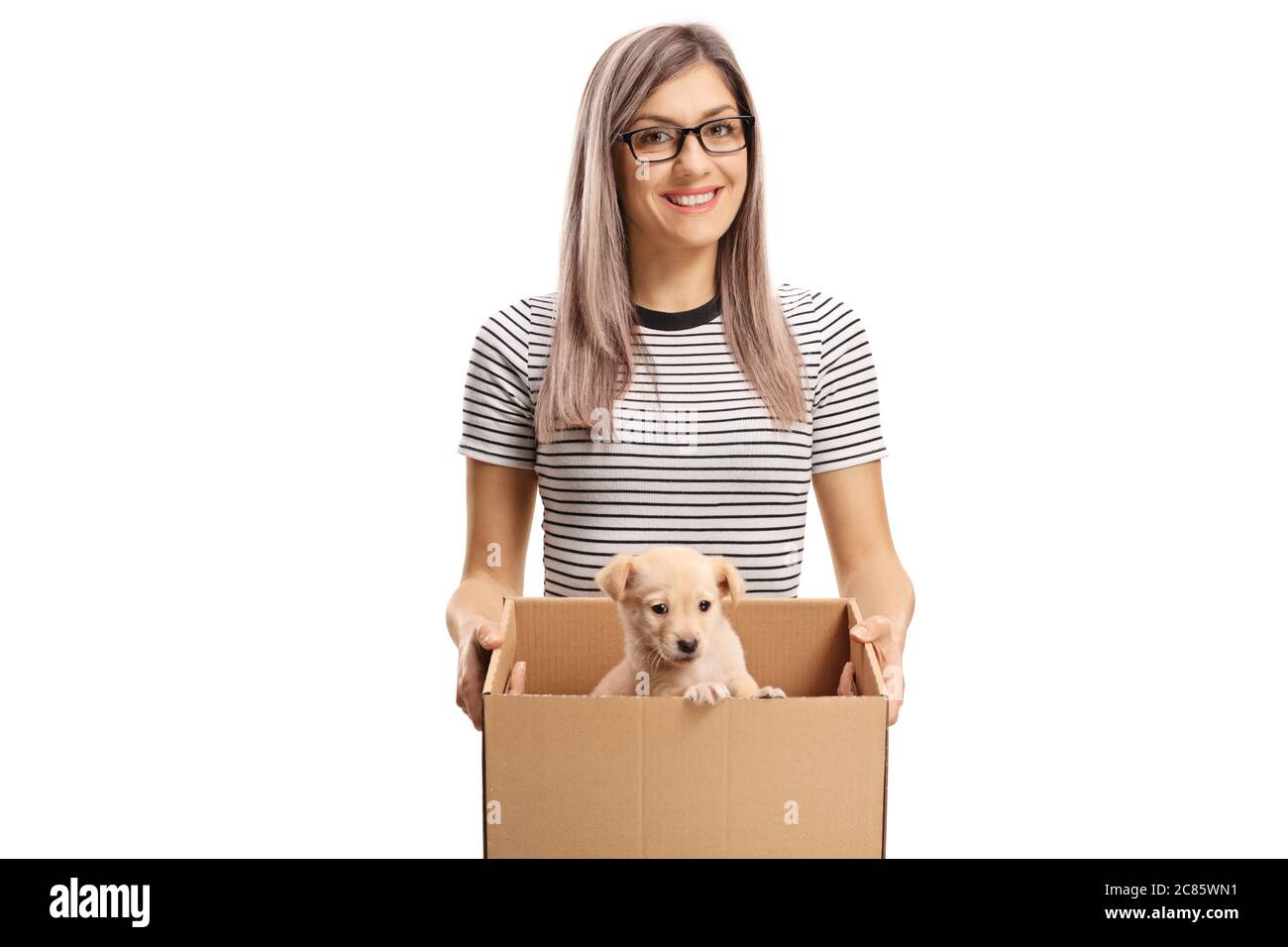 Lächelnde junge Frau trägt einen Welpen Hund in einer Box isoliert auf weißem Hintergrund Stockfoto