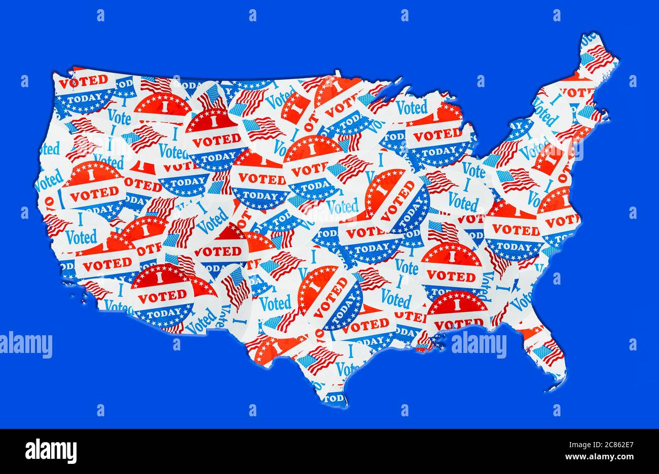 Viele Sticker, die US-Wählern bei den Präsidentschaftswahlen gegeben wurden, bildeten in Form der USA, um die Stimmrechte zu illustrieren Stockfoto