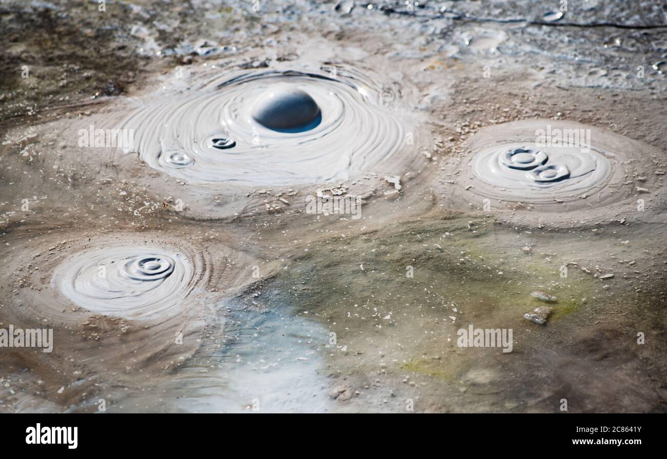 Geothermischer Schlammpool entlang des Künstlerpfades im Yellowstone National Park, Wyoming Stockfoto