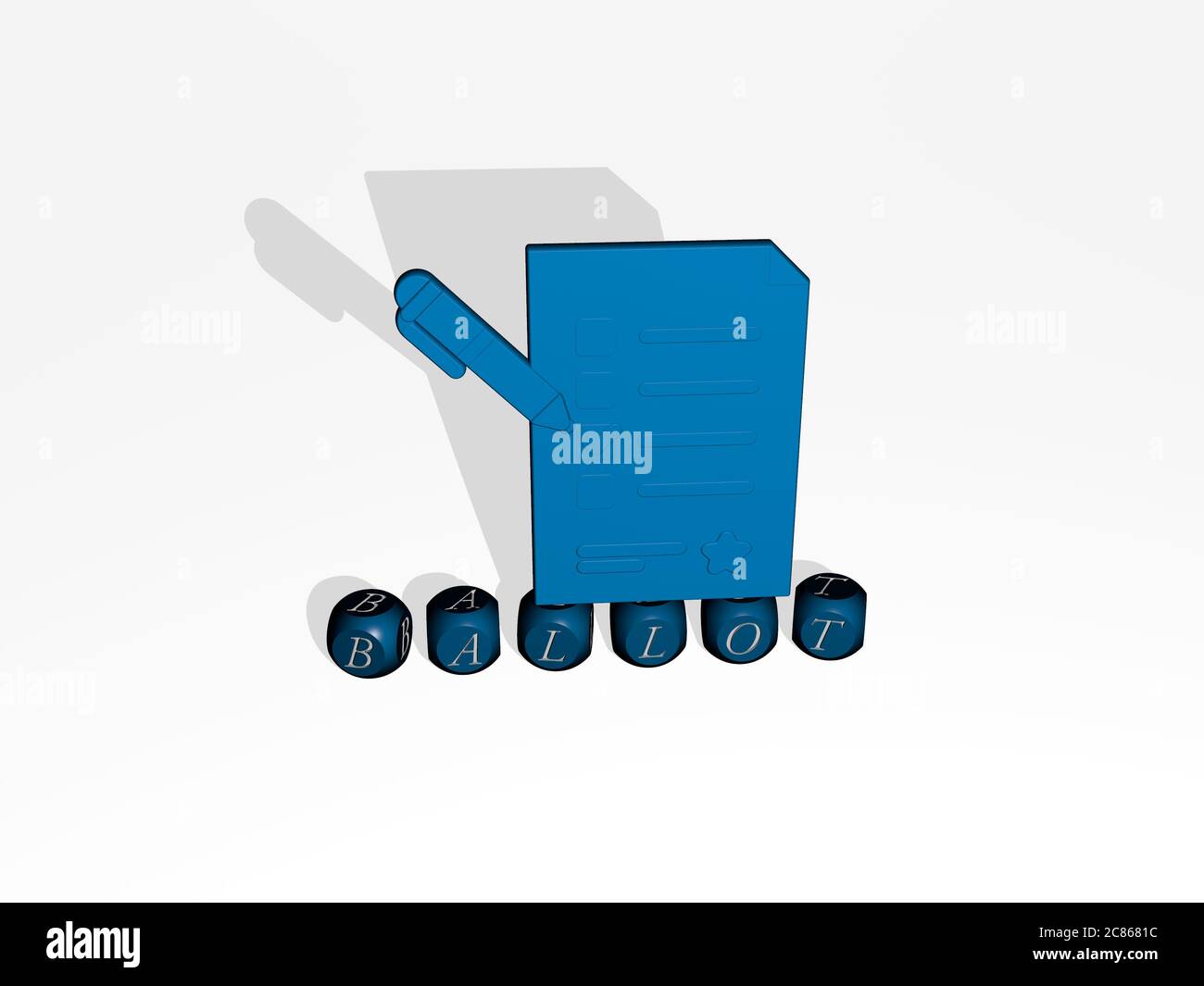 3D-Grafik von Stimmzettel vertikal zusammen mit Text von metallischen kubischen Buchstaben aus der oberen Perspektive gebaut, ausgezeichnet für das Konzept Präsentation und Diashows. Illustration und Wahl Stockfoto
