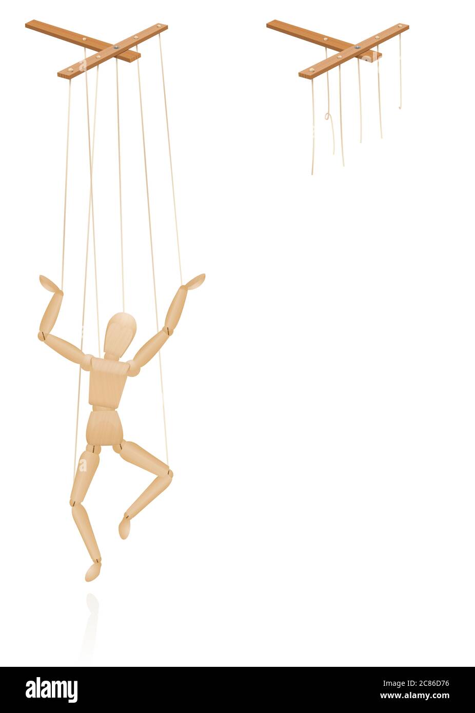 Marionette auf Saiten. Marionette-Steuerleiste mit intakten und gebrochenen Saiten. Zerrissene Schnüre als Symbol für Freiheit, Unabhängigkeit, Autonomie, Freiheit. Stockfoto