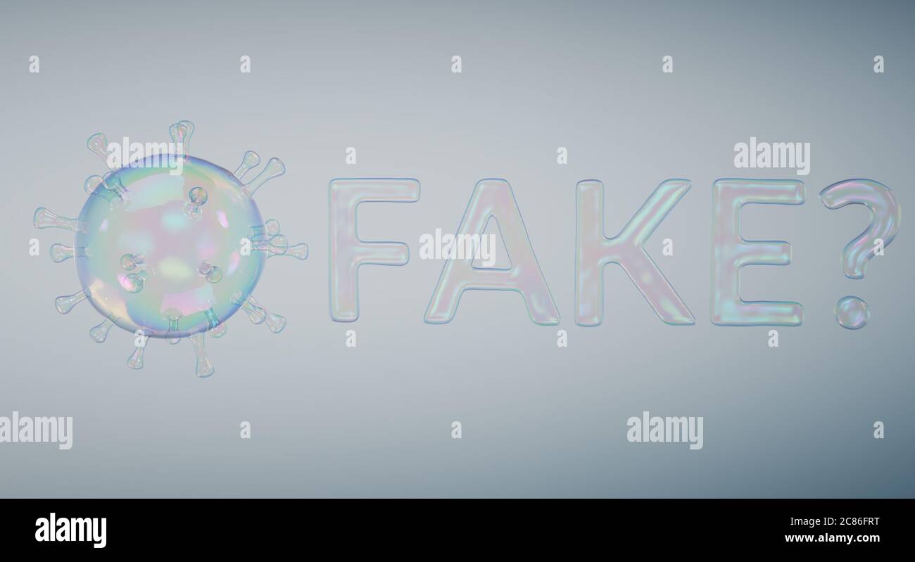 Coronavirus COVID-19 Grippebakterien aus Seifenblase. Mikroskopische Ansicht einer Mikrobenzelle. Einige Leute behaupten, dass Virus eine Fälschung ist und Quarantäne ist gehen Stockfoto