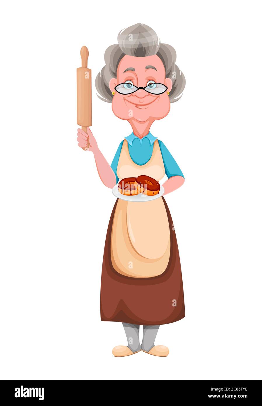Alles gute zum Großeltern Tag. Kind Oma Holding Teller mit Donuts. Nette alte Frau. Fröhliche Großmutter Cartoon-Charakter. Vektordarstellung isoliert ein Stock Vektor