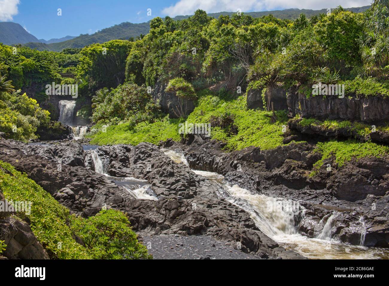 Oheo Gulch in Kipahulu ist in Haleakala National Park gelegen und häufig falsch als Sieben Heiligen Pools, Maui, Hawaii. Stockfoto