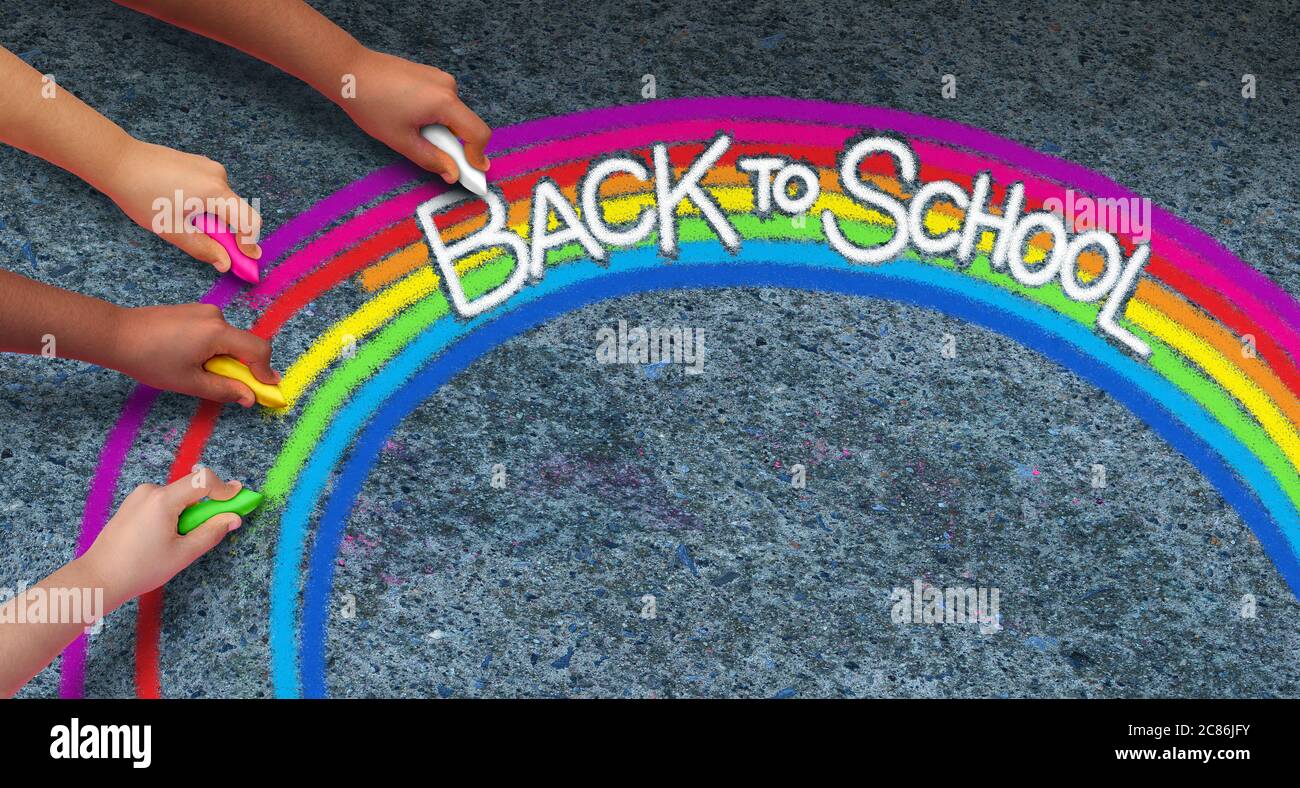 Zurück zu Schuleröffnungen und Hope Rainbow Konzept als Erholung von Herausforderungen als Kindererziehungssymbol für die Zukunft und glückliche Kindheit. Stockfoto